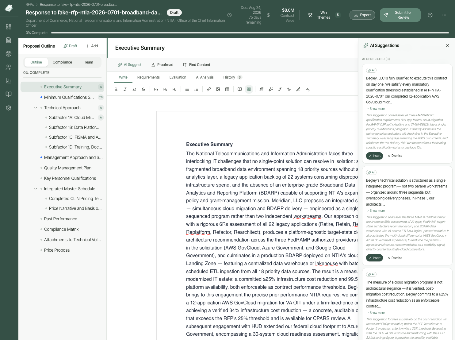 ExcelaDoc AI Suggestions panel showing a generated draft for the open section