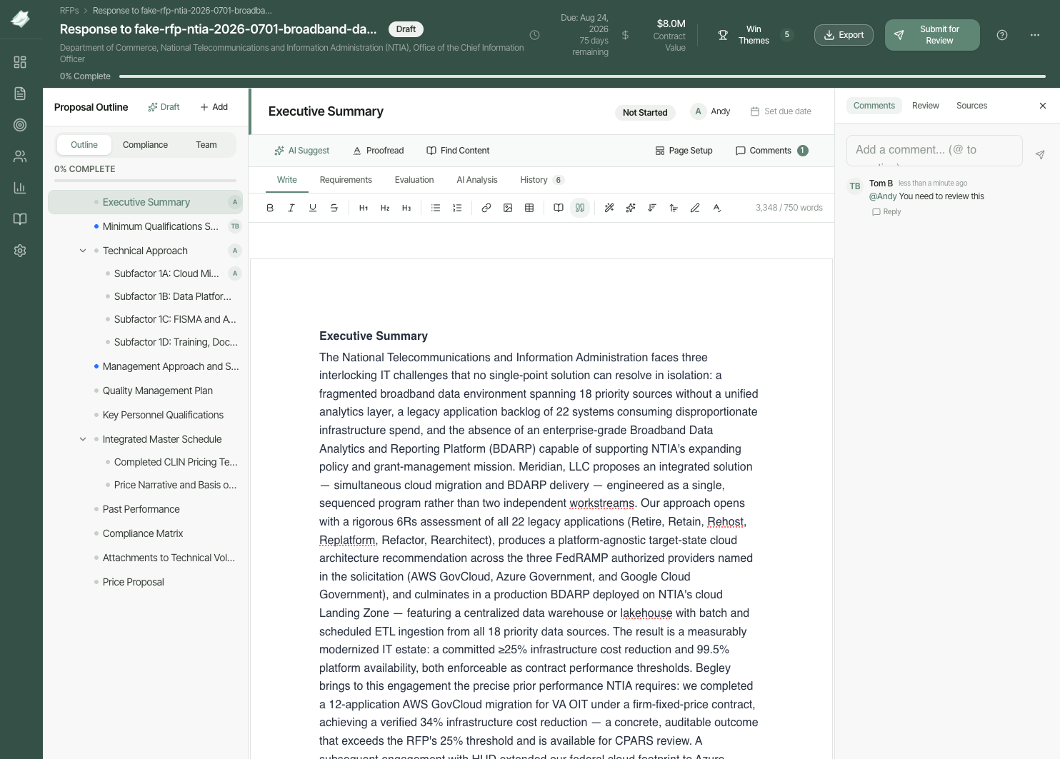ExcelaDoc proposal editor showing the Outline panel, Editor panel, and Context panel