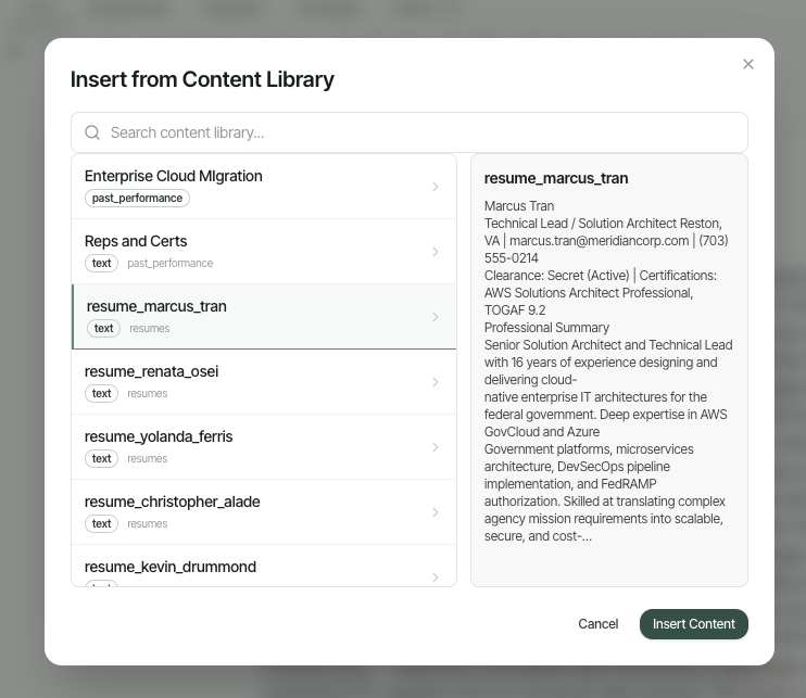 ExcelaDoc Insert from Content Library dialog with search results