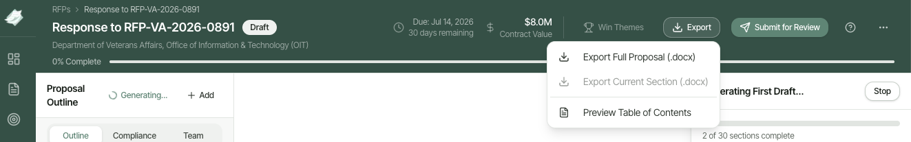 Export dropdown showing Word and PDF options