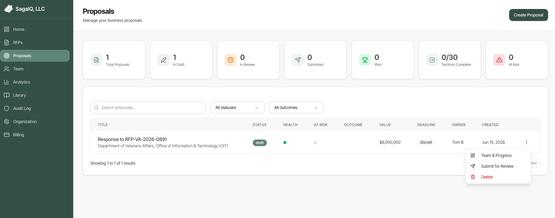 Proposals list with the row menu open, showing Team & Progress, Submit for Review, and Delete options
