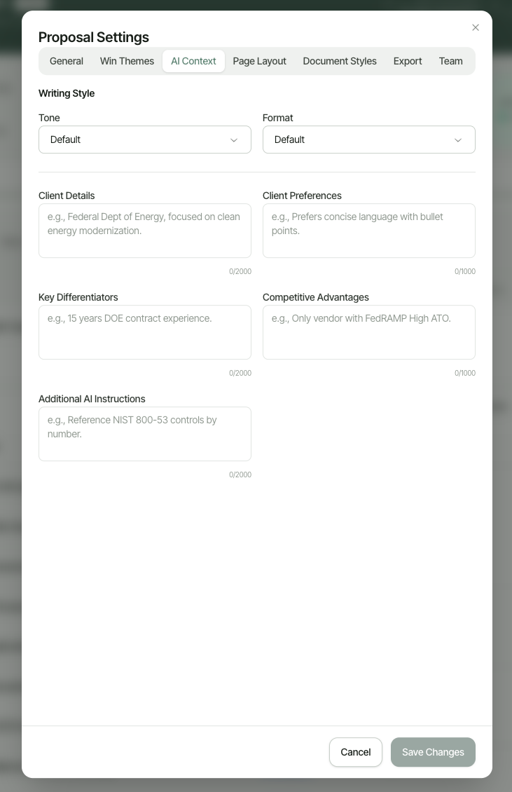 Proposal Settings dialog, AI Context tab, showing Tone, Format, Client Details, Client Preferences, Key Differentiators, Competitive Advantages, and Additional AI Instructions fields