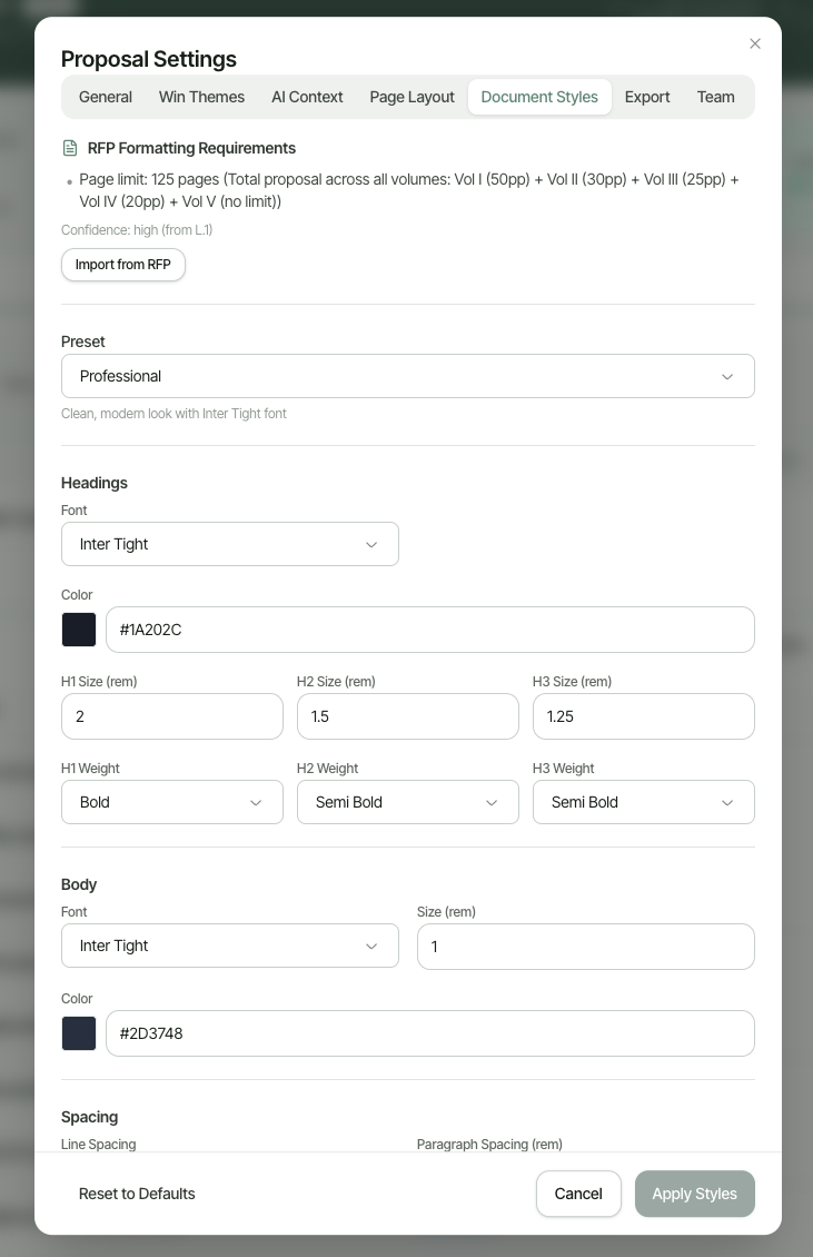 Proposal Settings dialog, Document Styles tab, showing RFP formatting requirements, Preset selector, and Headings and Body style controls