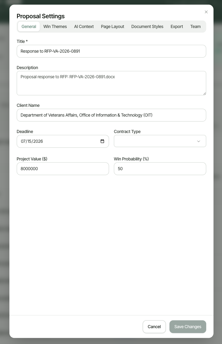 Proposal Settings dialog, General tab, showing Title, Description, Client Name, Deadline, Contract Type, Project Value, and Win Probability fields