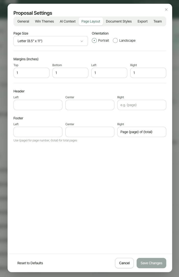 Proposal Settings dialog, Page Layout tab, showing Page Size, Orientation, Margins, Header, and Footer fields